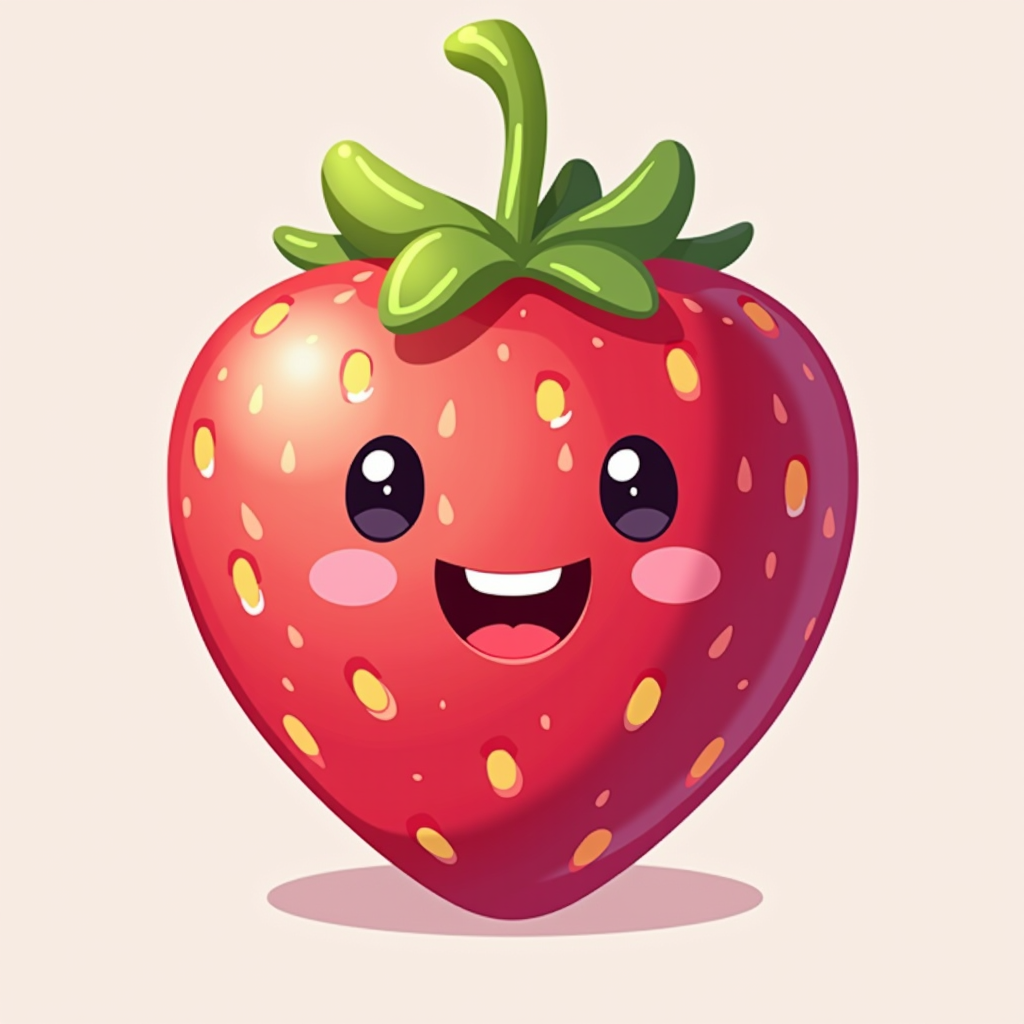 Cartoonfruits logo - colorful cartoon strawberry with happy smiling face, bright pink and red colors, playful character design for family friendly fruit game