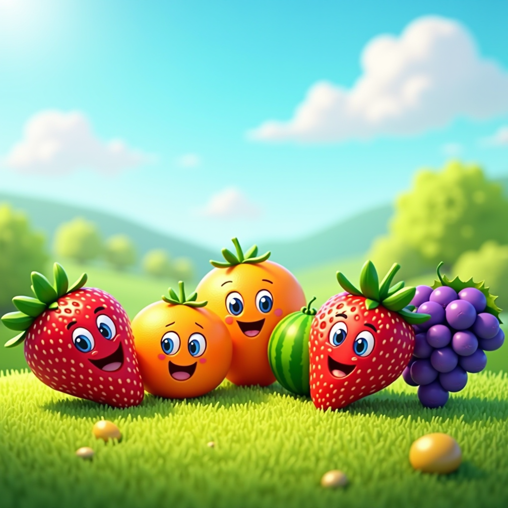 Colorful cartoon fruit garden with smiling strawberries, cheerful oranges, happy grapes and playful watermelons in a vibrant sunny Italian landscape with bright blue sky and green grass