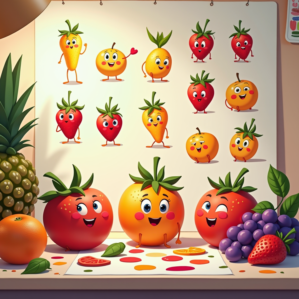 Colorful illustration showing the creative design process of animated fruit characters with sketches, color palettes, and final cartoon designs featuring cheerful strawberries, oranges, and grapes with expressive faces in a vibrant Italian art studio setting