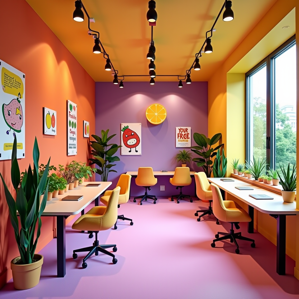 Ufficio colorato e allegro di CartoonFruits in Italia con scrivanie creative, pareti dipinte con colori vivaci rosa, giallo, viola e arancione, decorazioni a tema frutta, piante verdi, poster di personaggi cartoon, atmosfera luminosa e giocosa, spazio moderno con design playful