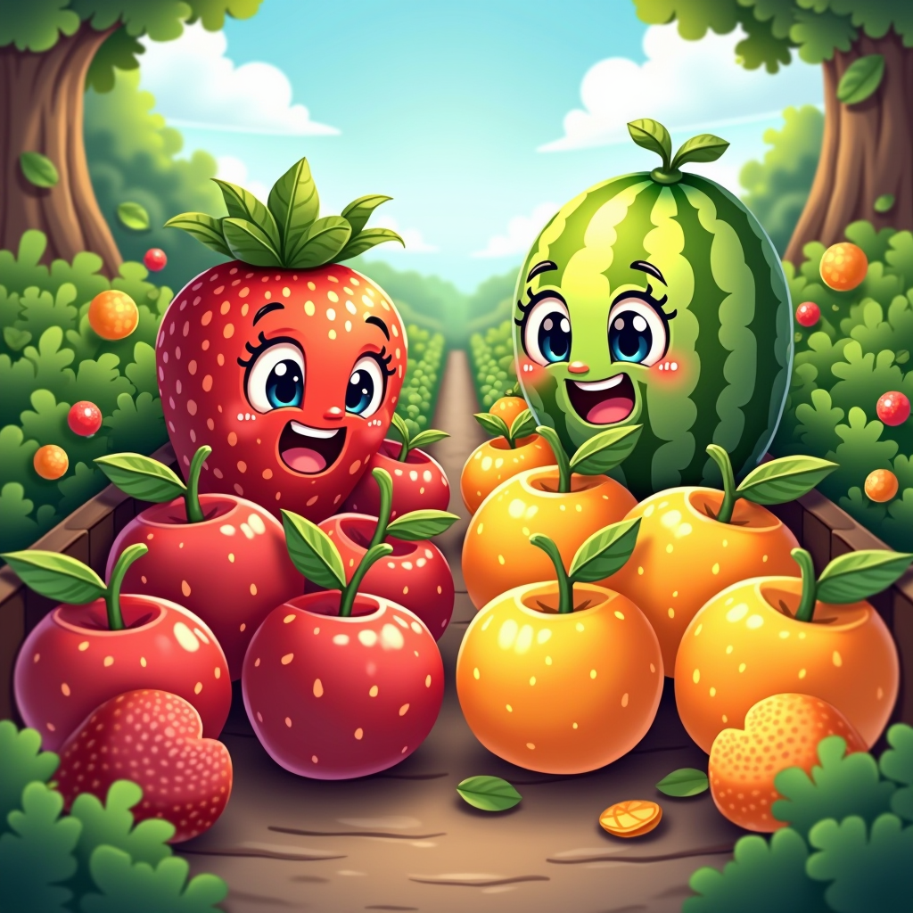 Un giardino colorato e allegro diviso in quattro sezioni stagionali, con fragole primaverili, angurie estive, mele autunnali e agrumi invernali, tutti rappresentati in stile cartoon vivace con facce sorridenti e colori brillanti
