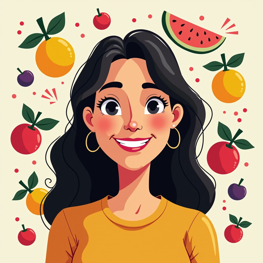 Cartoon style portrait of Giulia Martini, creative director with cheerful smile, surrounded by colorful fruit illustrations