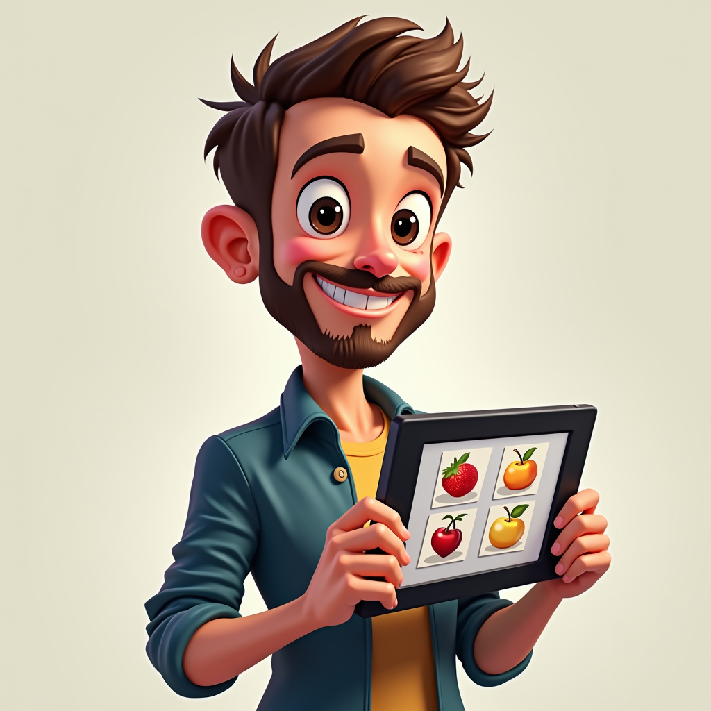 Cartoon style portrait of Marco Rossi, game designer with playful expression, holding a digital tablet with fruit game sketches