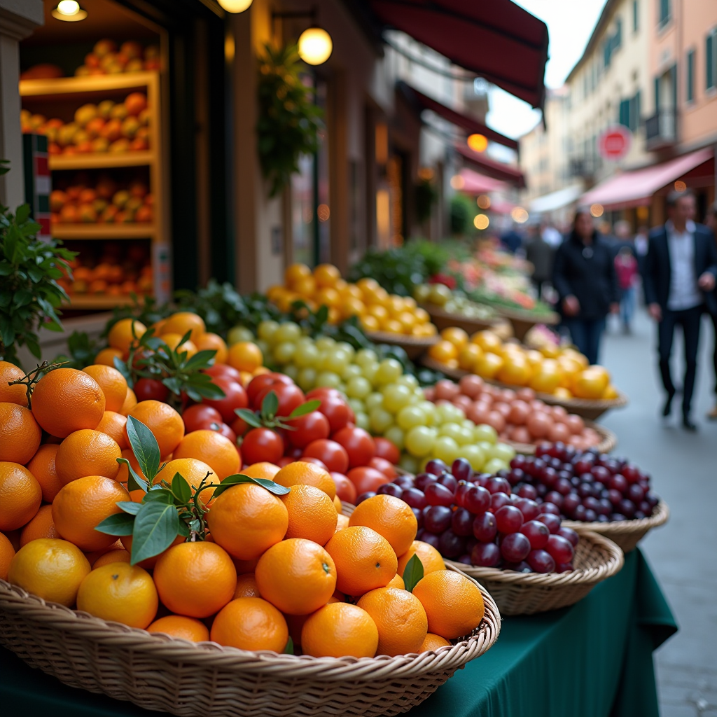 Beautiful Italian fruit market scene with colorful stalls full of fresh produce, traditional baskets overflowing with oranges, lemons, and grapes, set in a charming Italian piazza with rustic architecture and vibrant atmosphere