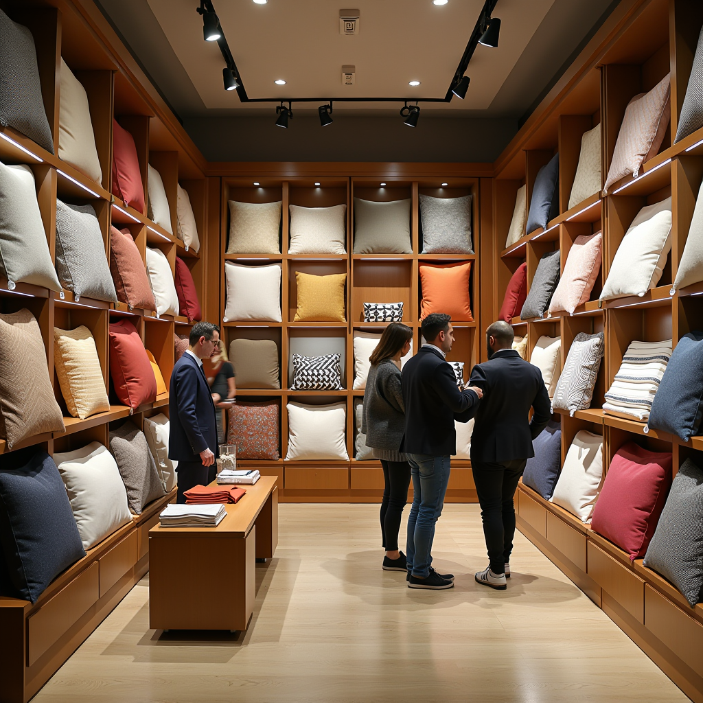 Interno elegante del negozio di tessuti Tessuti e Arredo Milano in Via Giuseppe Verdi, con esposizione di tessili per la casa moderni, campioni di tessuto colorati su scaffali in legno, illuminazione calda e accogliente, clienti che esplorano i prodotti, ambiente raffinato e professionale