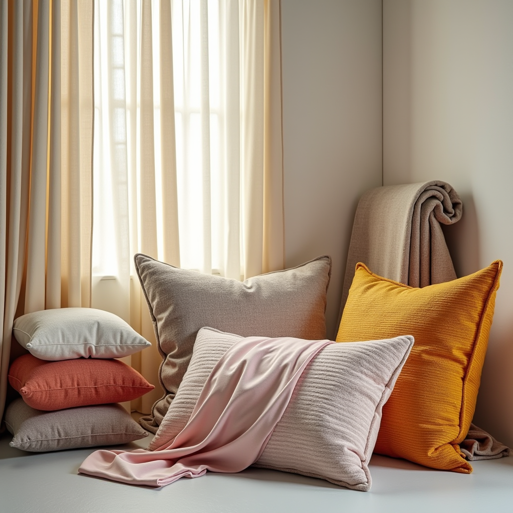 Elegante display di tessuti moderni per la casa con cuscini decorativi colorati, tende di lino naturale e coperte morbide disposte in un ambiente luminoso e accogliente con palette di colori vivaci