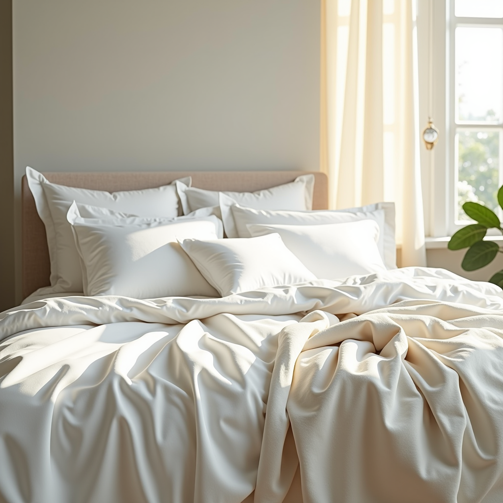 Camera da letto lussuosa con biancheria stratificata in bianco e crema che mostra diverse texture tessili tra cui lenzuola di cotone, piumone di lino e morbide coperte in luce naturale mattutina