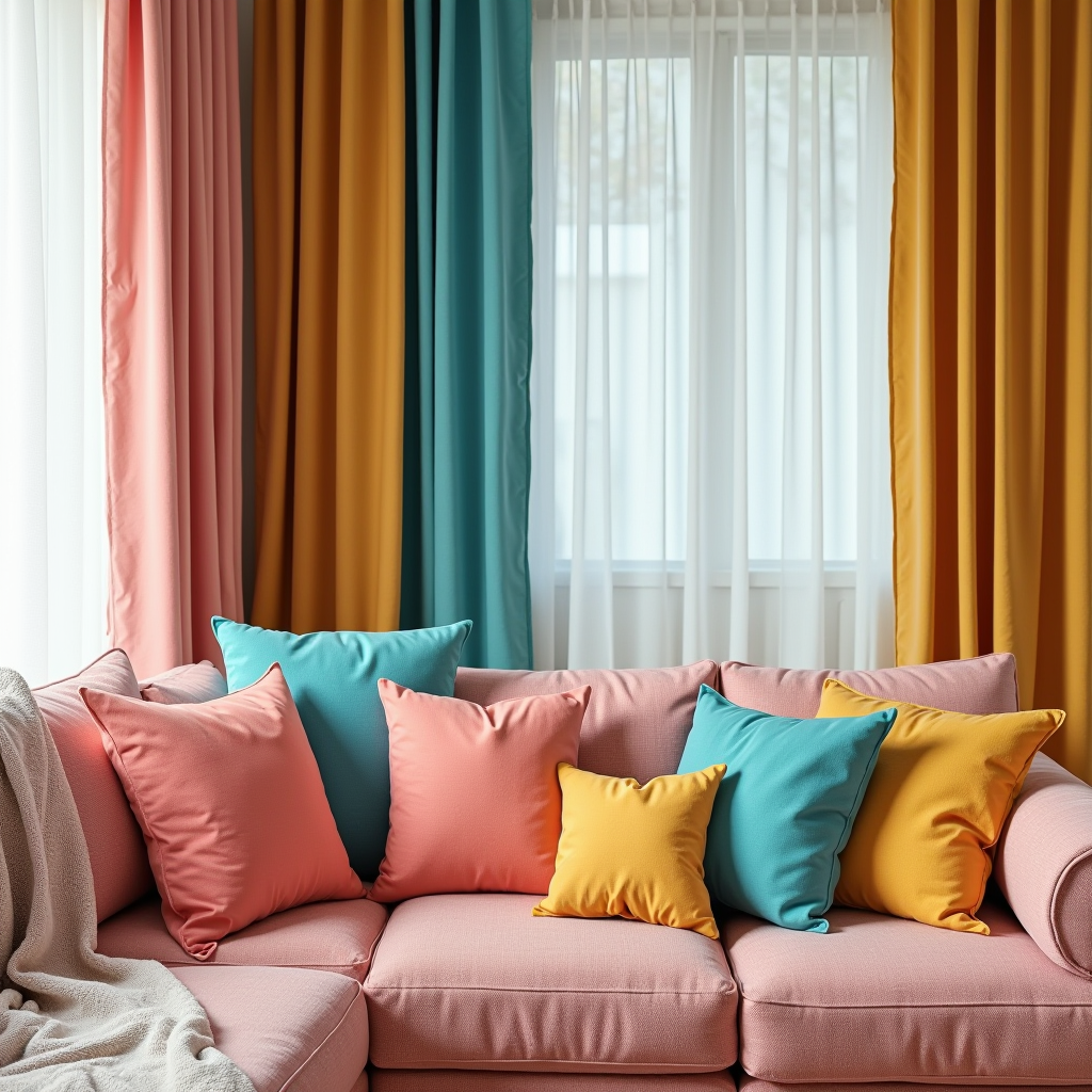 Elegante disposizione di tessuti per la casa stratificati con cuscini decorativi, plaid morbidi e tende fluenti in tonalità coordinate di rosa corallo, turchese e giallo, che creano profondità e interesse visivo in un soggiorno moderno e luminoso