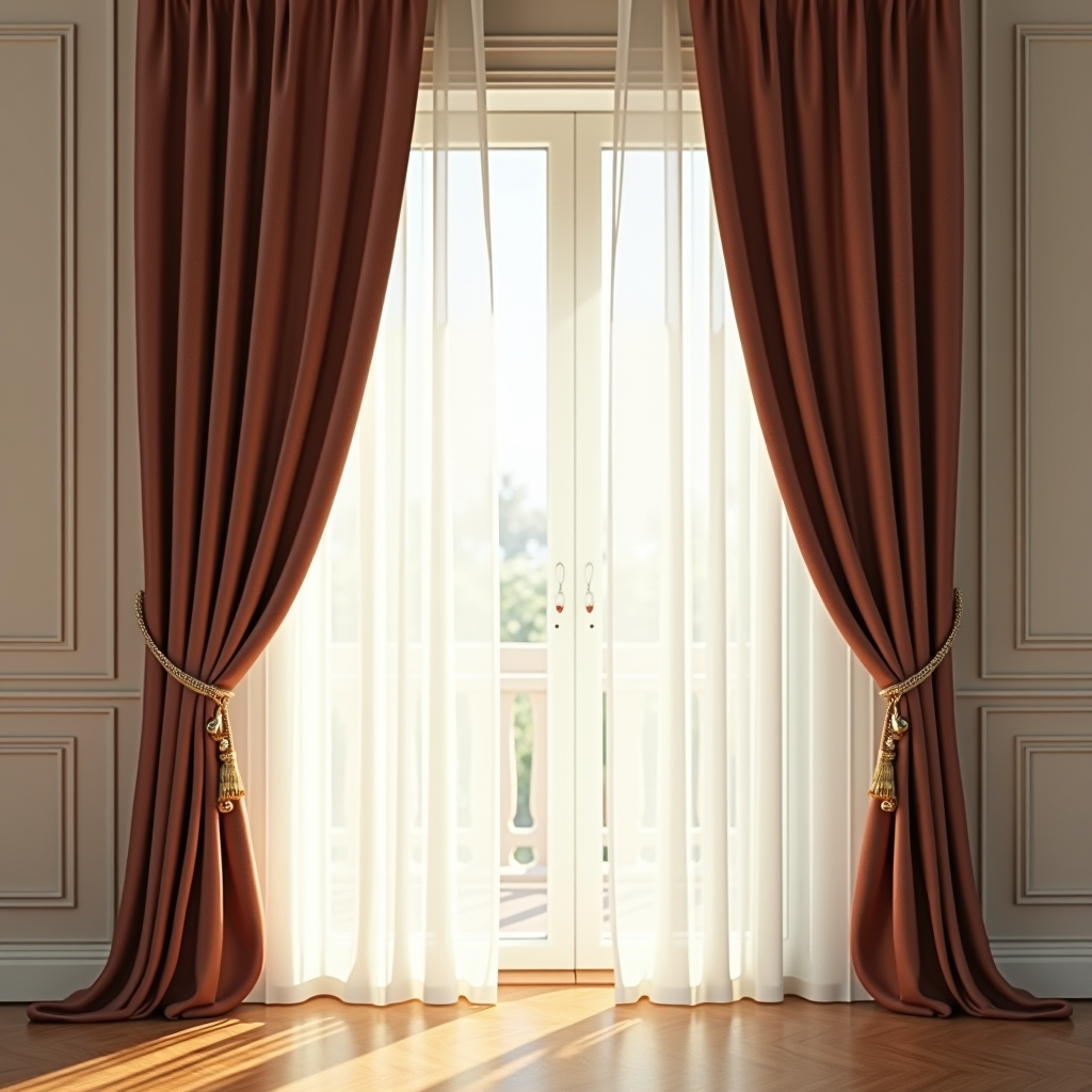 Eleganti tende italiane in un soggiorno moderno con luce naturale che filtra attraverso lussuosi drappeggi in tessuto creando un'atmosfera calda e accogliente