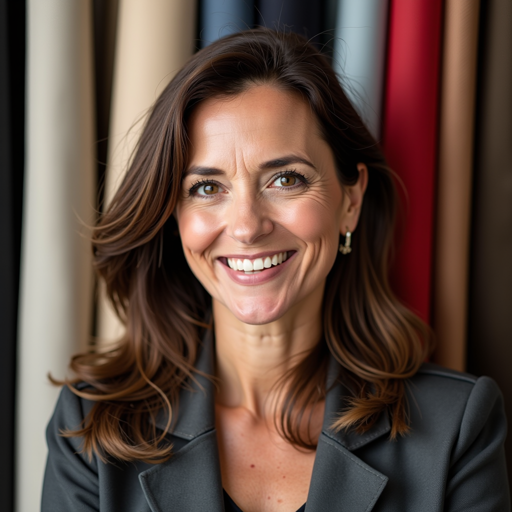 Ritratto professionale di Giulia Moretti, fondatrice e direttrice di Tessuti e Arredo Milano, donna elegante sui 45 anni con capelli castani, sorriso caloroso, in ambiente del negozio di tessuti