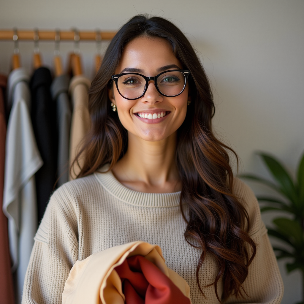Ritratto professionale di Sofia Ferrari, consulente tessile di Tessuti e Arredo Milano, donna giovane sui 28 anni con occhiali alla moda, sorriso professionale, con campionario di tessuti in mano