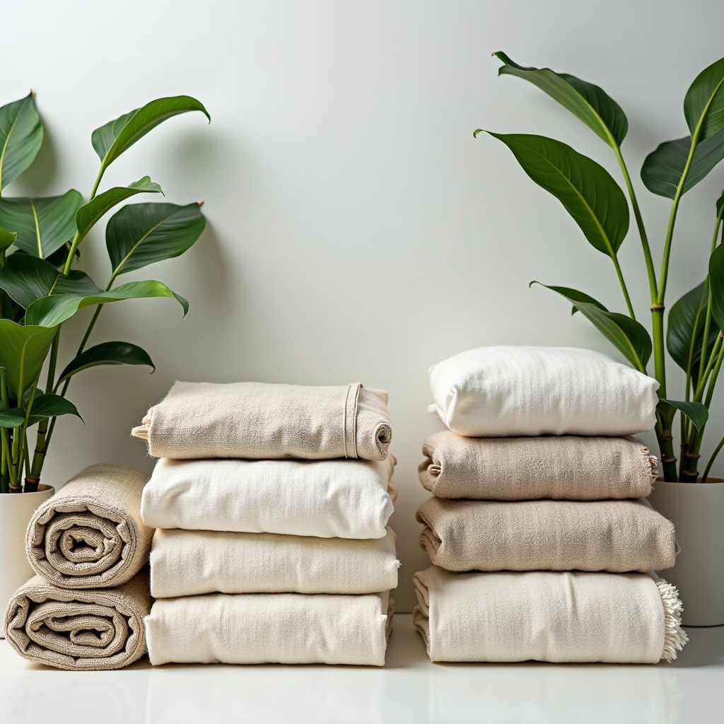 Collezione di materiali tessili sostenibili ed ecologici tra cui cotone organico, lino naturale, bambù e fibre riciclate, con etichette di certificazione ambientale, piante verdi e dettagli di produzione artigianale italiana